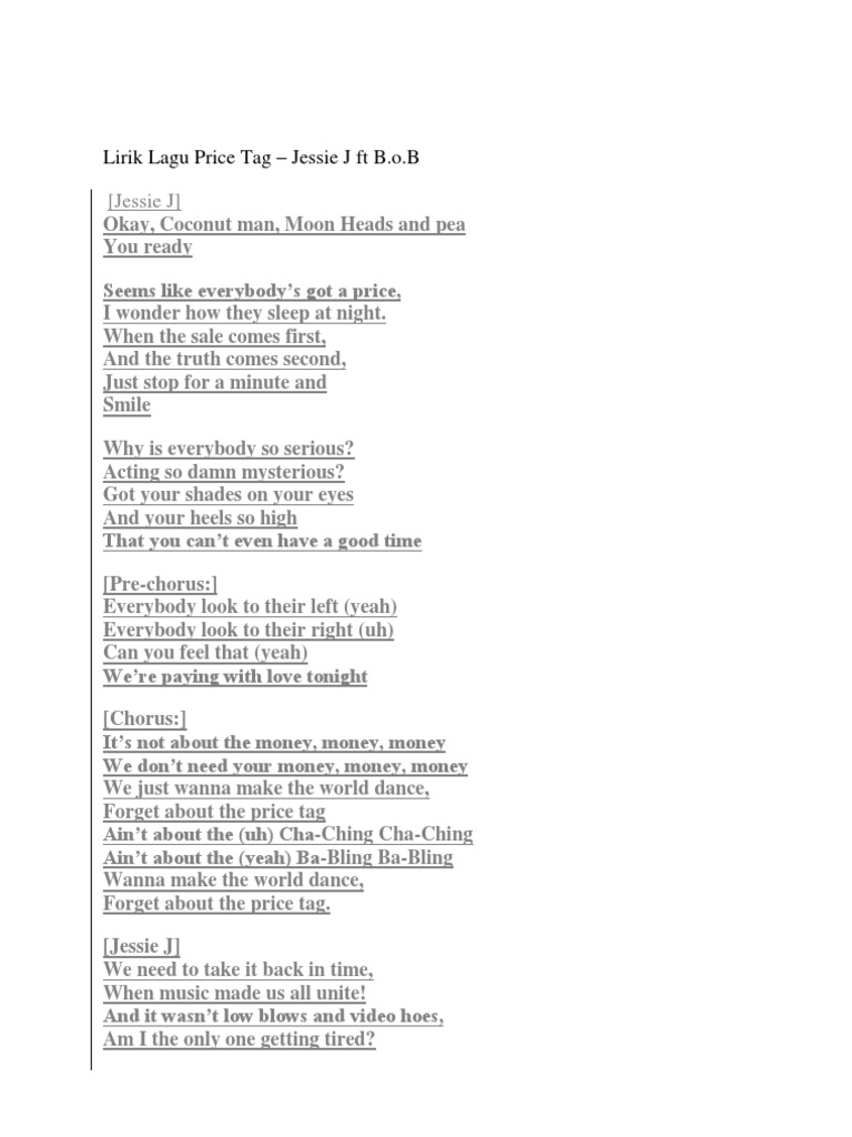 Lirik Lagu Price Tag PDF Dance Pop Songs