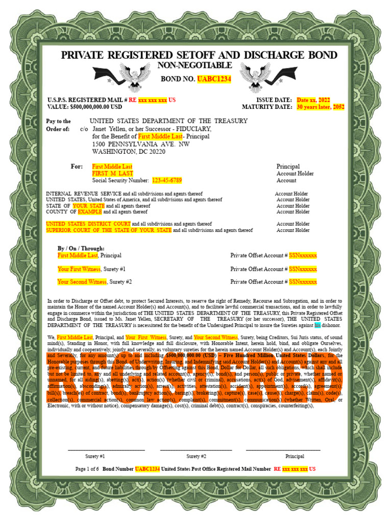 Private Setoff Bond TEMPLATE PDF Surety United States Postal Service