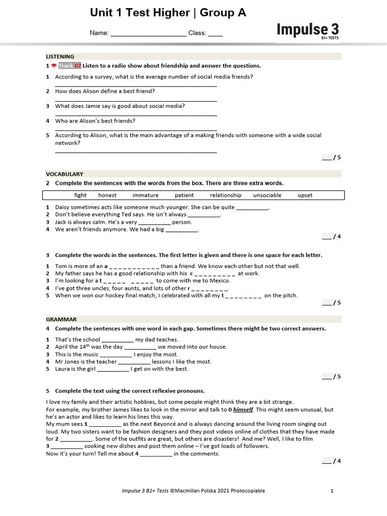 Impulse 3 Unit 1 Test Overview | PDF