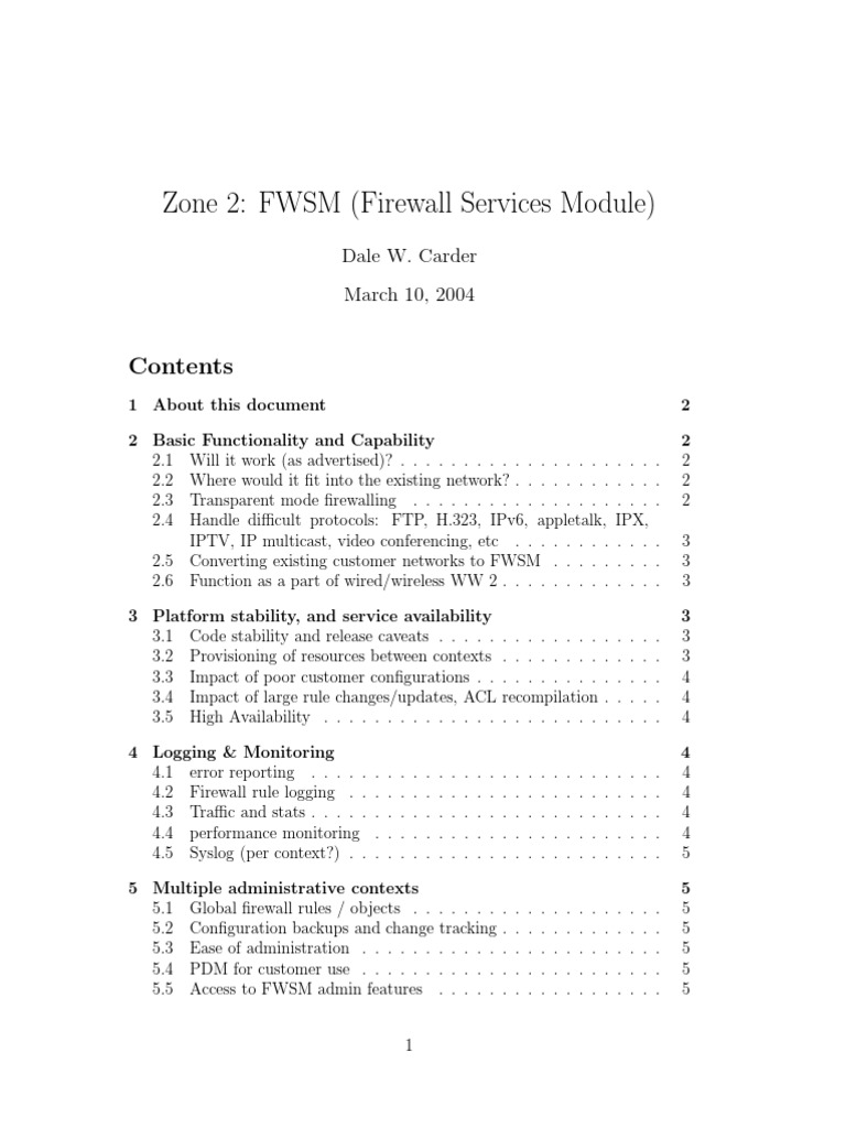 Zone 2: FWSM (Firewall Services Module) : Dale W. Carder March 10, 2004 ...