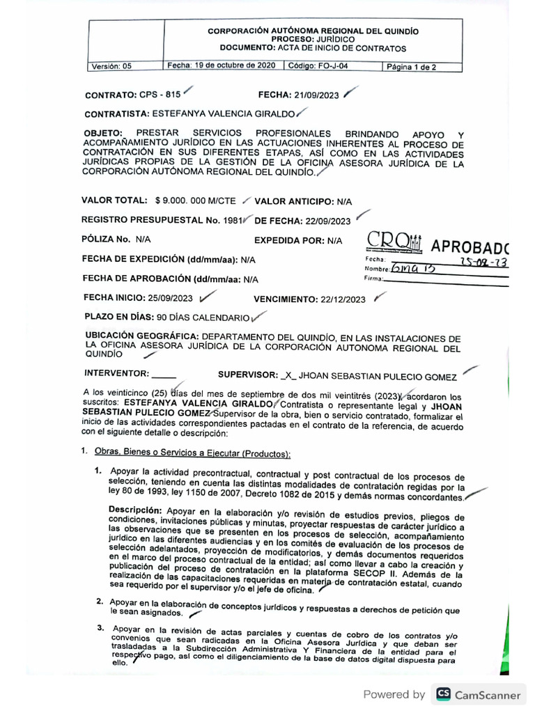 Acta de Inicio Contrato | PDF