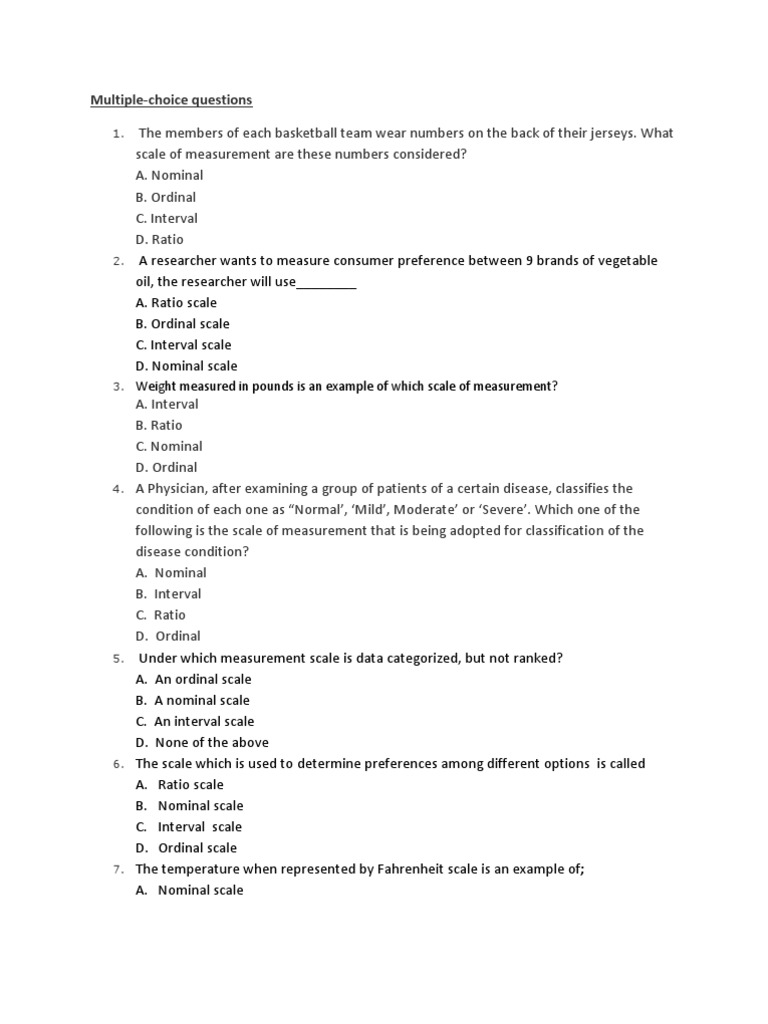MultipleChoice Questions Weight Measured in Pounds Is An Example of
