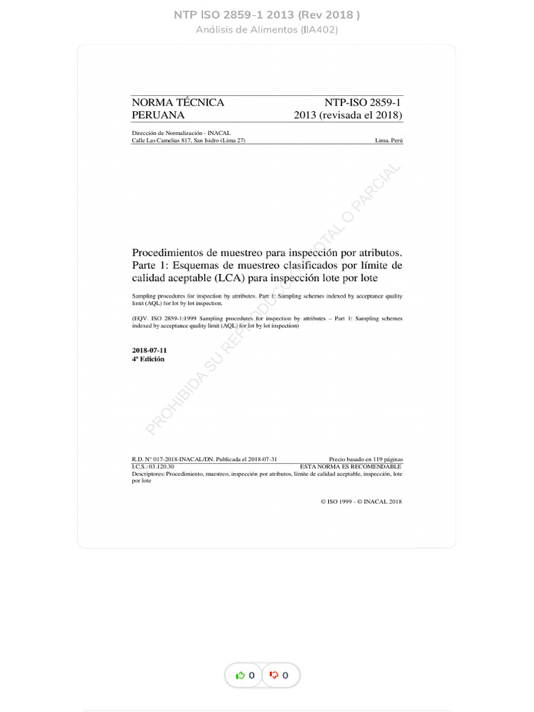 NTP-ISO 2859-1:2013 (Rev 2018) | PDF