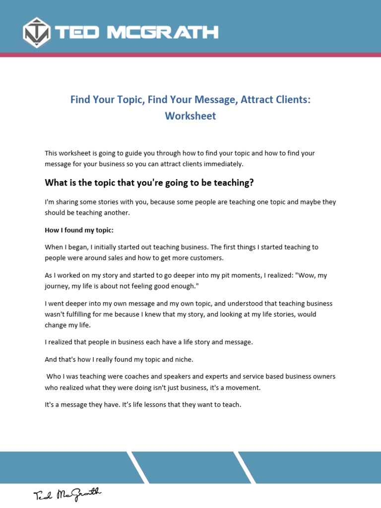 M2M Module 1 Video 2 Worksheet Find Your Topic 2C Find Your Message 2C ...