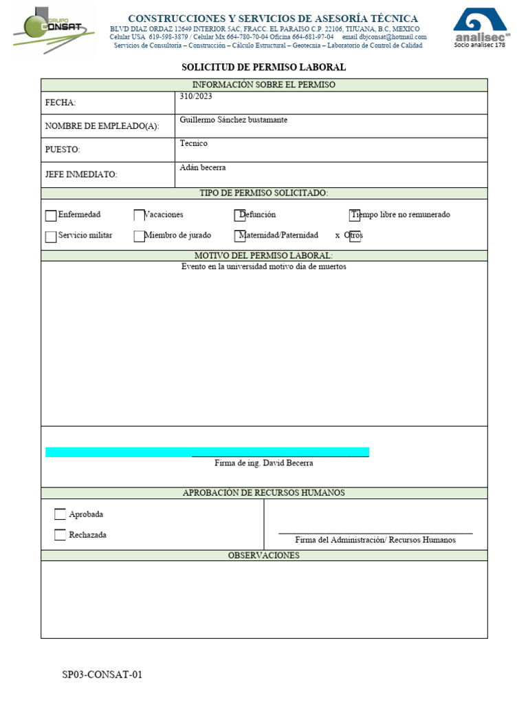 10.formato de Solicitud de Permiso Laboral | PDF