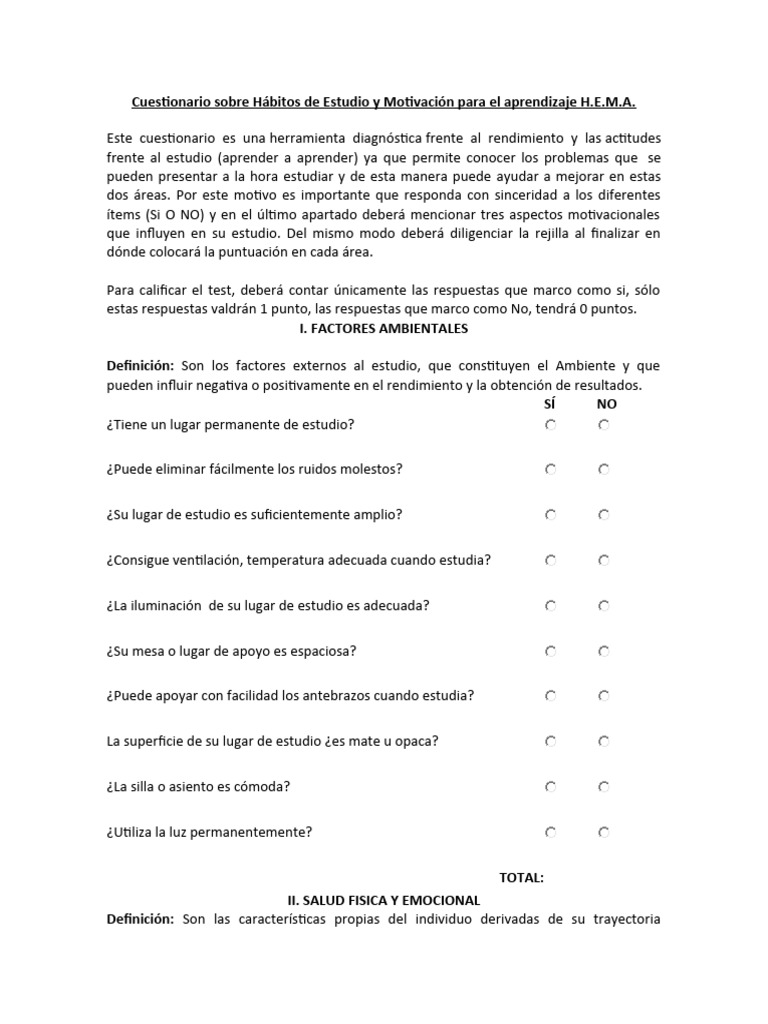 Cuestionario Sobre Habitos y Motivacion para Aprender H.E.M | PDF ...