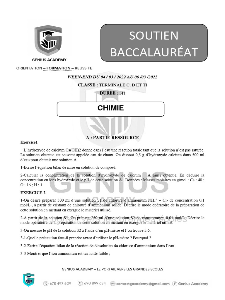 Chimie : Solutions et pH en Terminale | PDF | Acide chlorhydrique ...