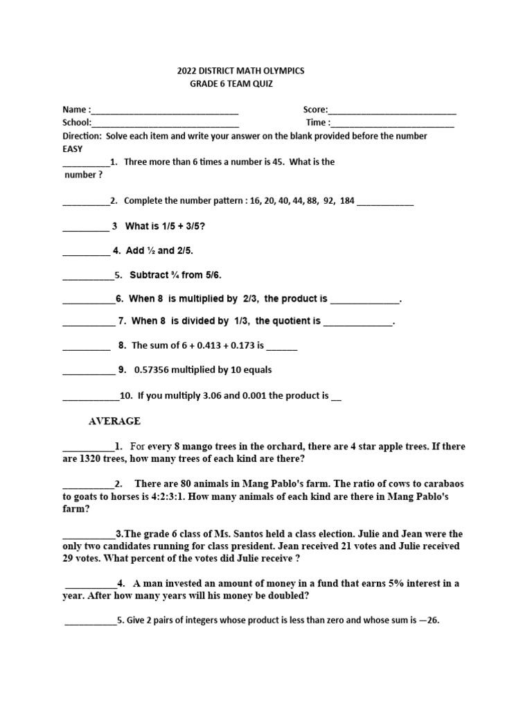 Grade 6 District Math Olympics Quiz | PDF | Area | Numbers