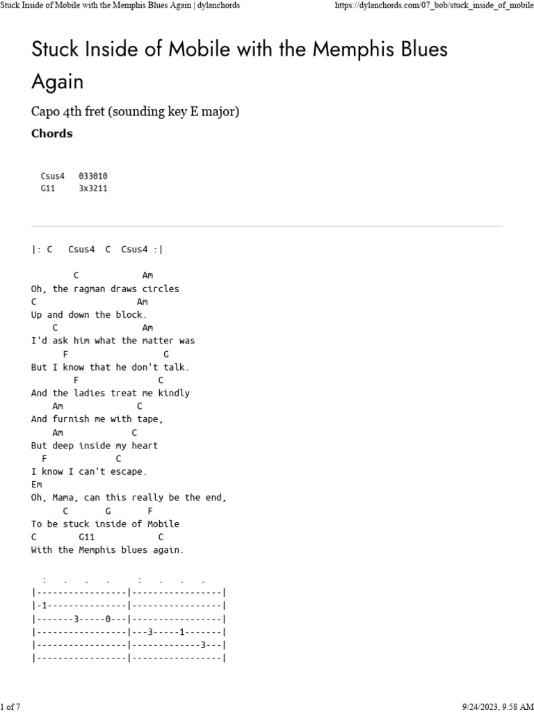 Stuck Inside of Mobile With The Memphis Blues Again Dylanchords PDF
