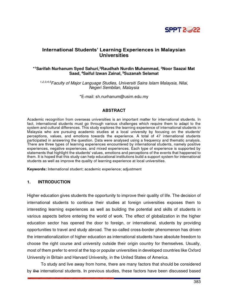 International Students' Learning Experiences in Malaysian Universities ...