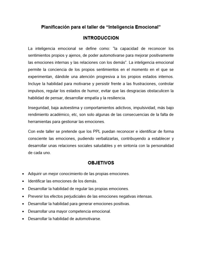 Planificación para El Taller de Inteligencia Emocional | PDF | Las ...