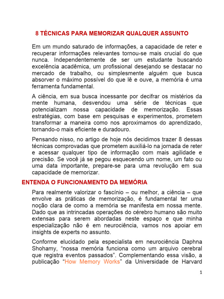 8 Técnicas para Memorizar Qualquer Assunto | PDF | Memória | Mnemônico