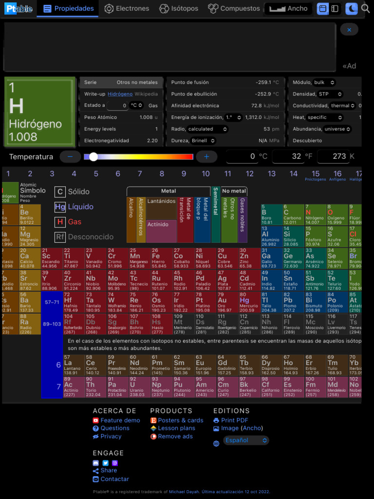 Tabla Periódica - Ptable - Propiedades | PDF | Rieles | Hidrógeno