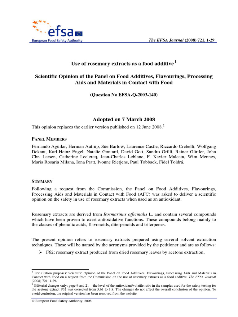 EFSA Journal 2008 Use of Rosemary Extracts As A Food Additive