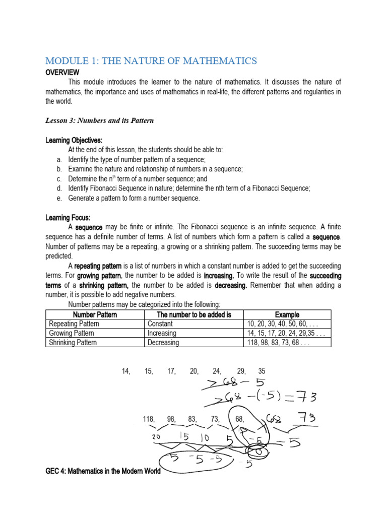 Module 1 the nature of mathematics lesson 3 numbers and its pattern