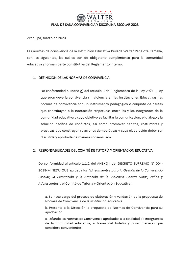 Plan de Sana Convivencia y Discipl Escolar 2023 | PDF | Maestros ...
