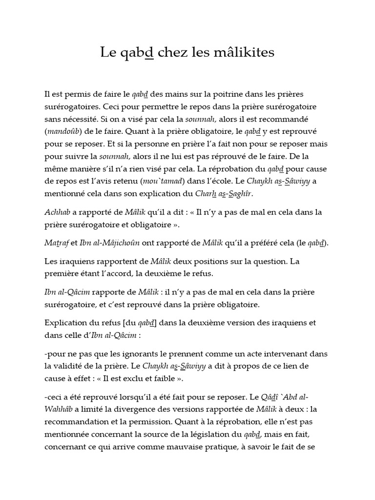 Le Qabd chez les Mâlikites en Prière | PDF