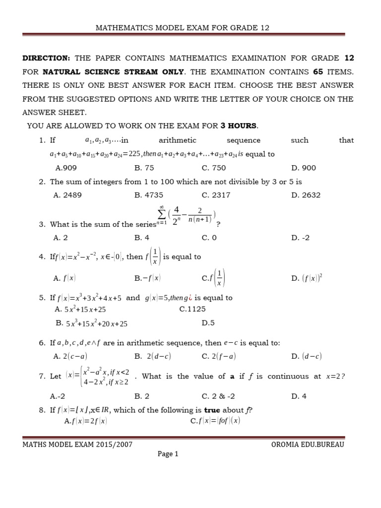 Grade 12 Mathematics Model Exam | PDF | Mathematics