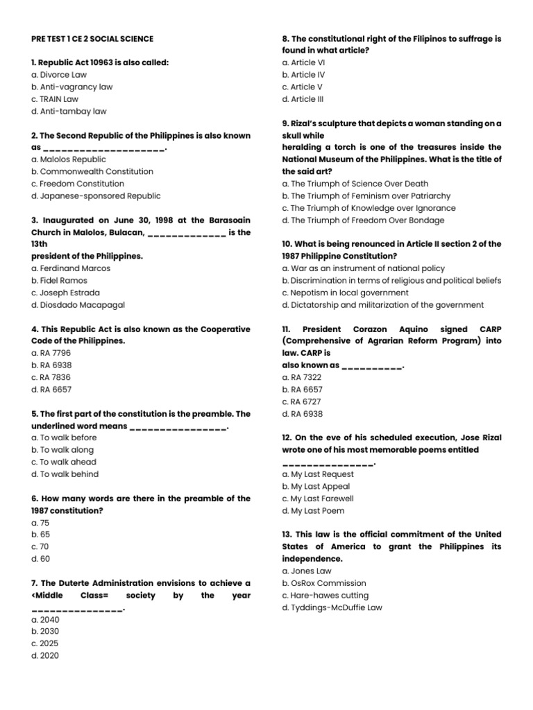 Social Science Pre-Test Questions | PDF | Philippines | Government