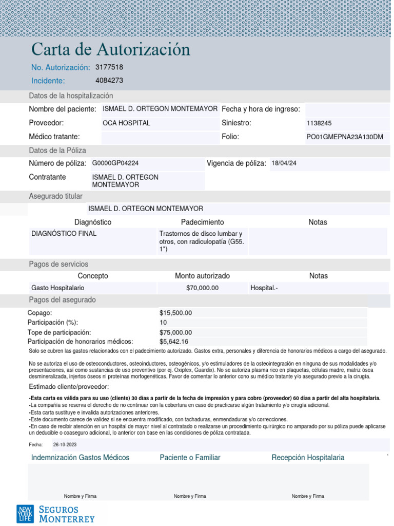 Carta de Autorización DM Folio - PO01GMEPNA23A130DM #0 | PDF | Póliza ...