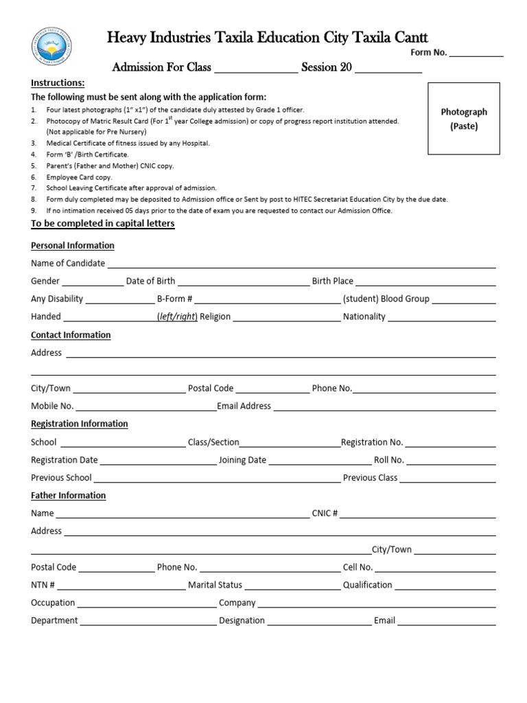HITEC Admission Form June 2022 PDF Justice Crime & Violence