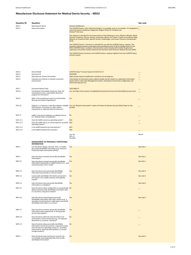 CLINITEK Status Connect System V2.63 V2.4.2.0 MDS2 Form DXDCM ...