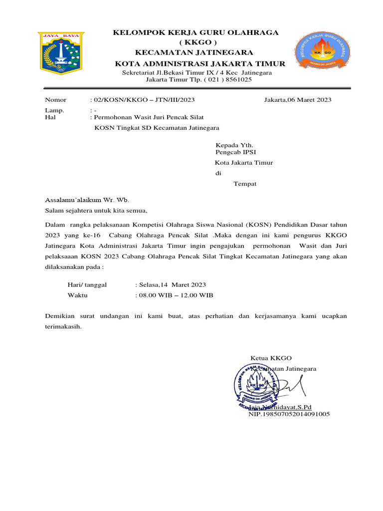 Surat Permohonan Wasit Juri Pencak Silat Kosn 2023 | PDF