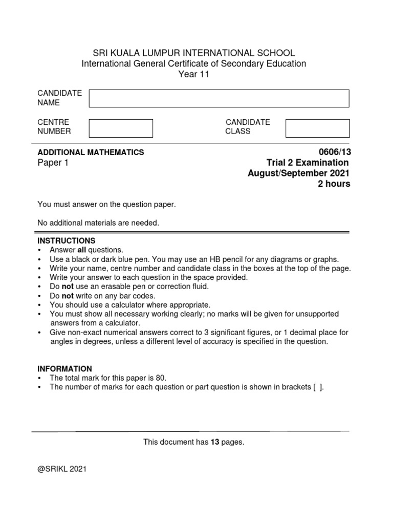 Year 11 Additional Mathematics Trial Exam | PDF | Quadratic Equation ...