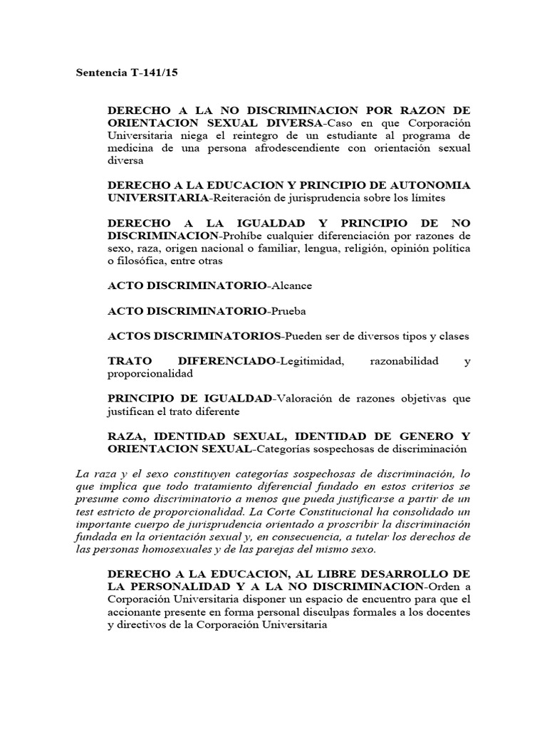 Sentencia T-141-15 Corte Constitucional | PDF | Discriminación