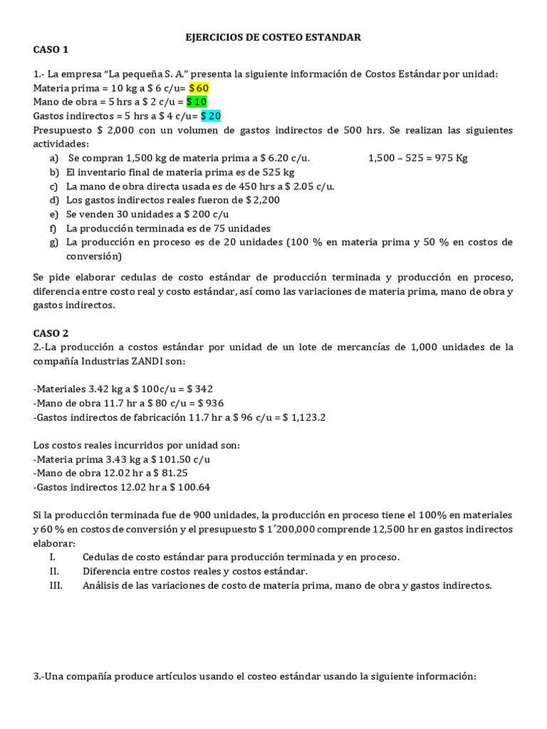 Ejercicios De Costos Estandar Para Resolver Descargar Gratis Pdf