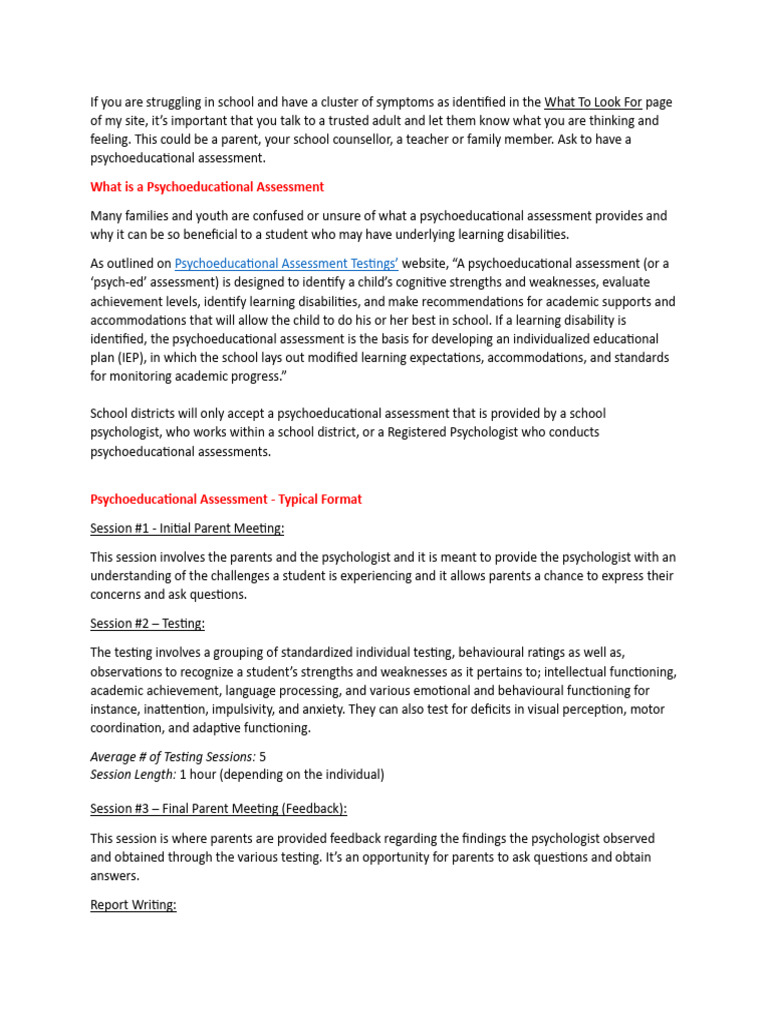 Psychoeducational Assessment Page Content | PDF | Learning Disability ...