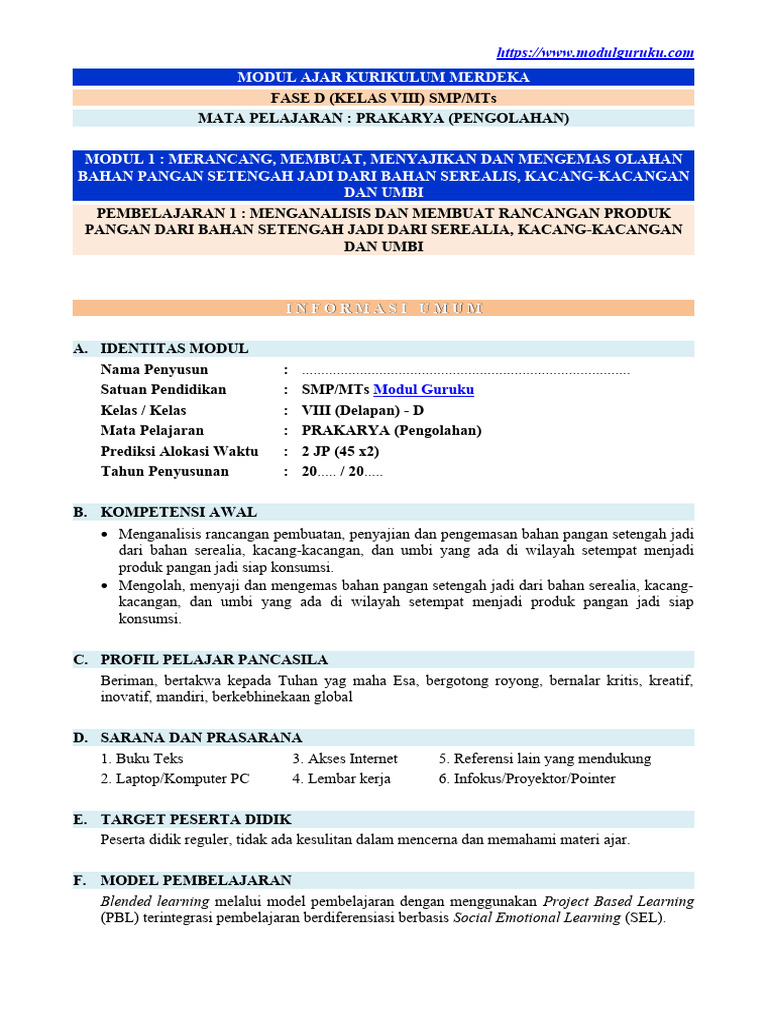 Modul Ajar Kelas 8 SMP Prakarya Pengolahan Fase D | PDF