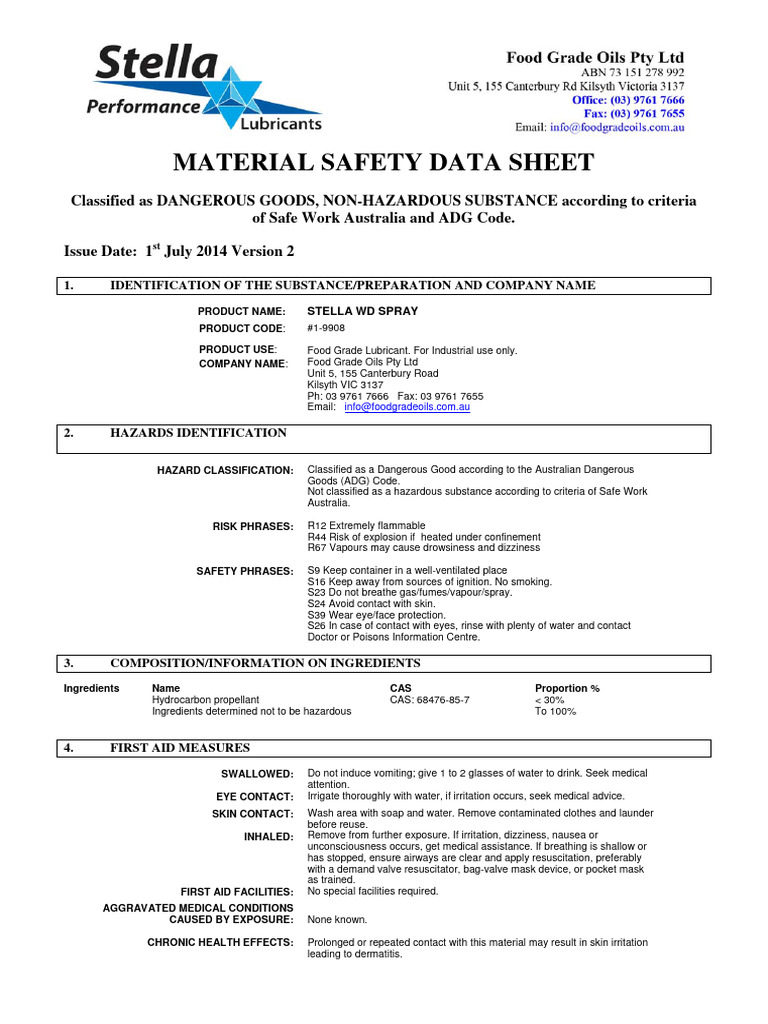 Stella WD Spray MSDS Overview | PDF | Dangerous Goods | Chemical Substances