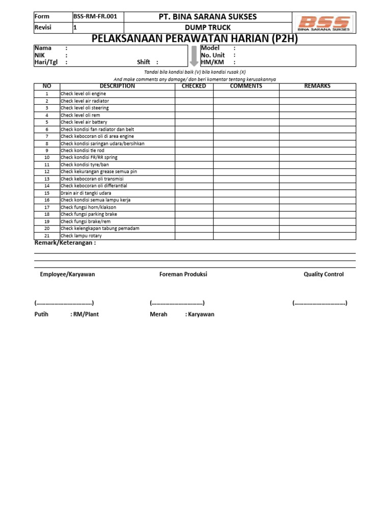Form P2H Perawatan Alat Berat | PDF