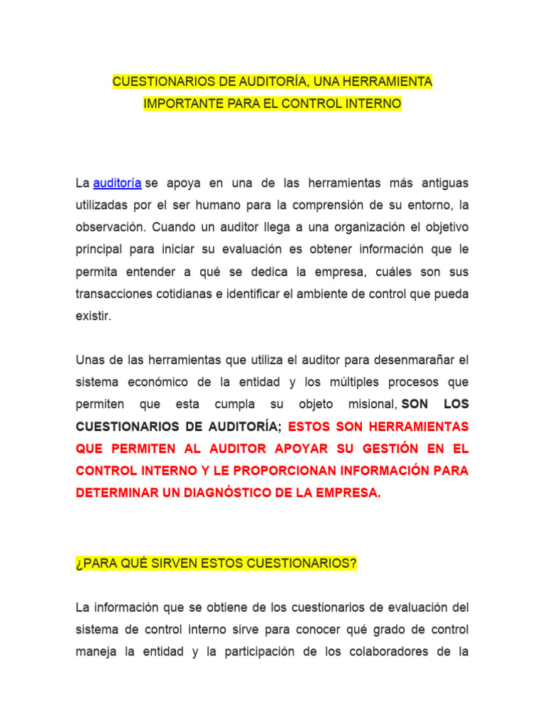 Cuestionarios de Control Interno en Auditoría | PDF | Auditoría ...