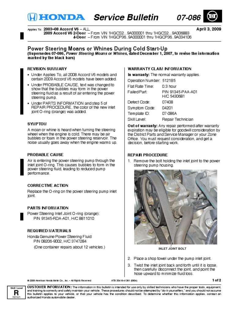 Service Bulletin Power Steering Moans or Whines During Cold StartUp