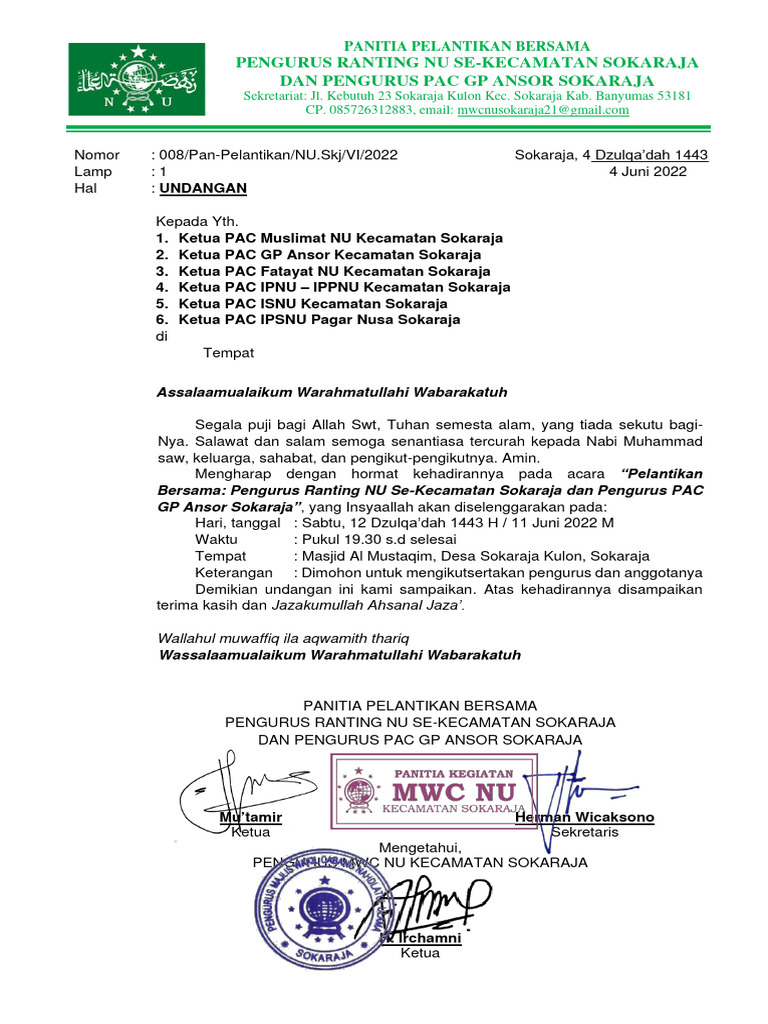 Undangan Pelantikan Ranting NU Sokaraja | PDF