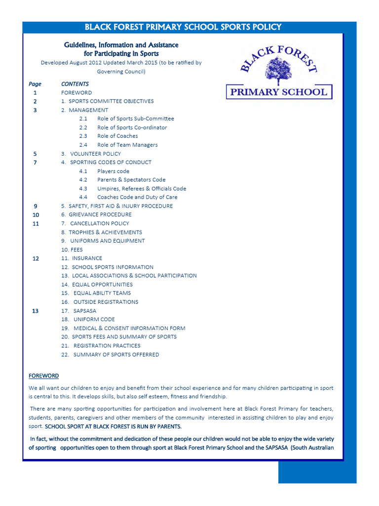 Black Forest Primary School Sports Policy 2015 PDF Sports Caregiver