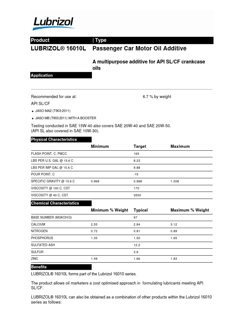 Lubrizol 16010L (Api SL, CF) TDS PDF Motor Oil Materials