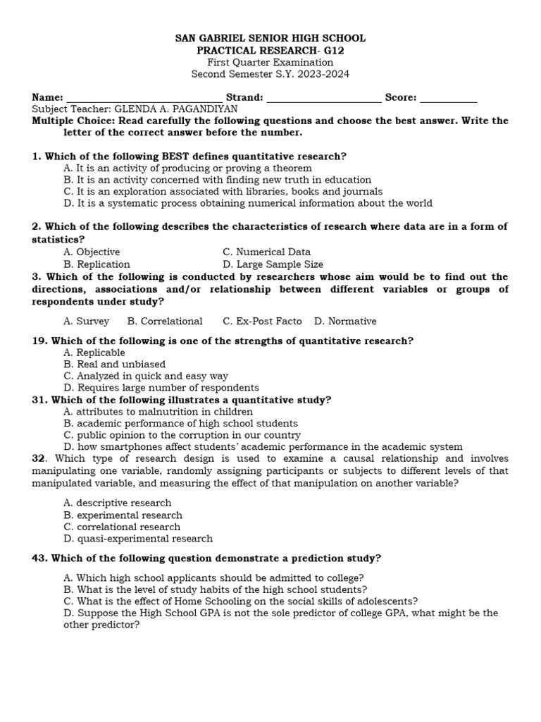 San Gabriel Senior High School G12 Research Exam | PDF | Hypothesis ...