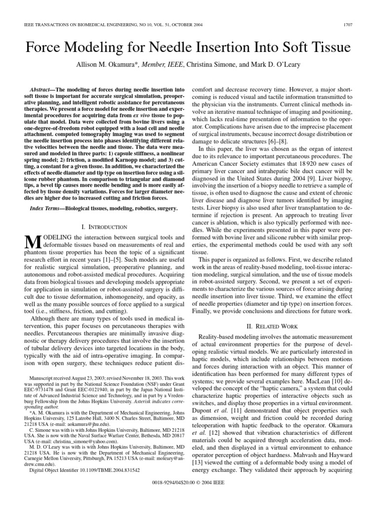 Needle Insertion Force Modeling in Tissue | PDF | Force | Friction