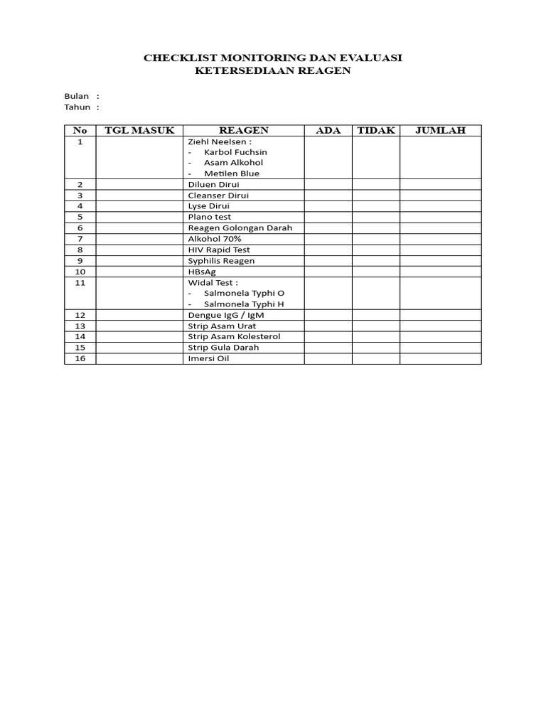Checklist Reagen Laboratorium Bulanan | PDF