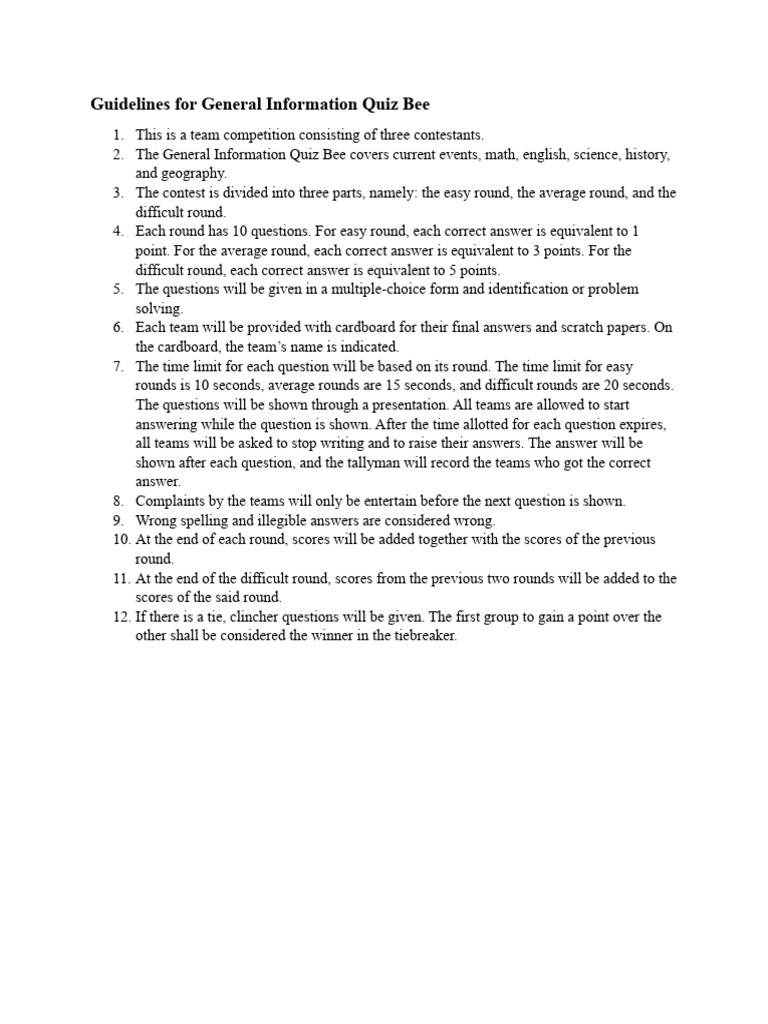 Guidelines for general information quiz bee pdf