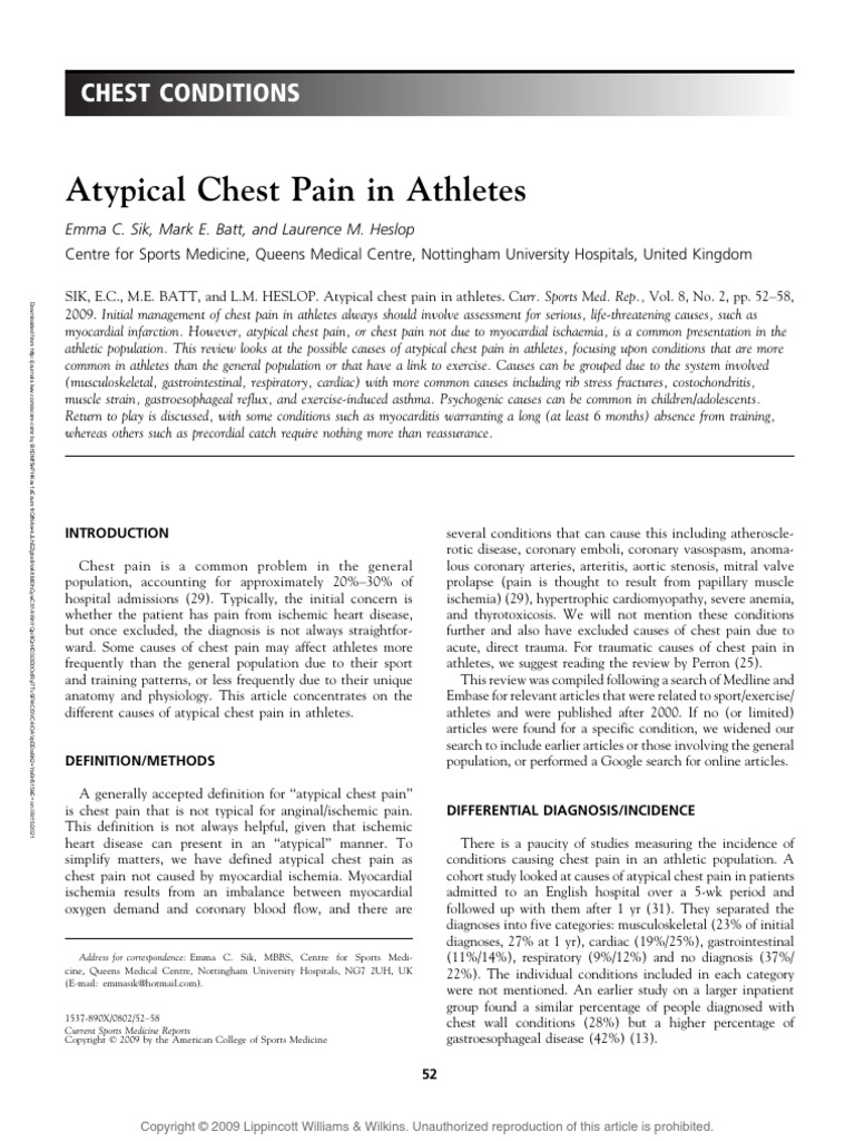 Atypical Chest Pain in Athletes Article. Download Free PDF Thorax