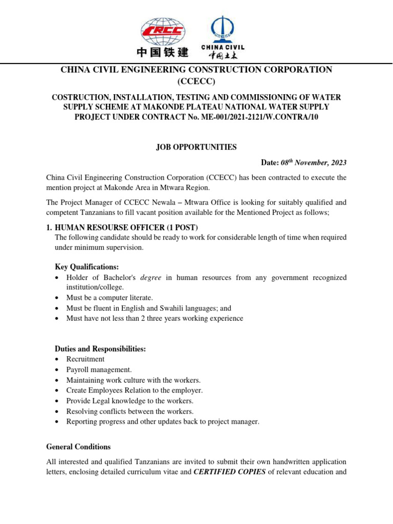 CCECC Job Vacancy: HR Officer Position | PDF | Employment | Recruitment