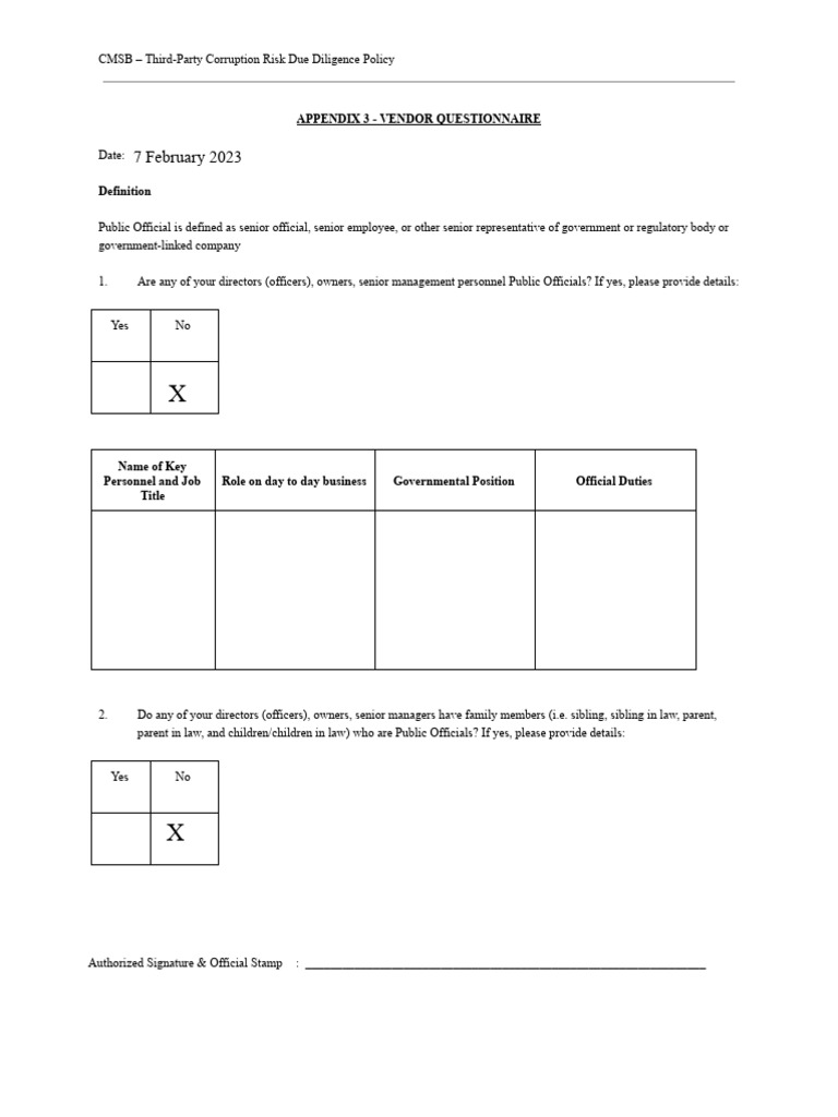 Appx.3 - Vendor Questionnaire | PDF | Career & Growth | Business