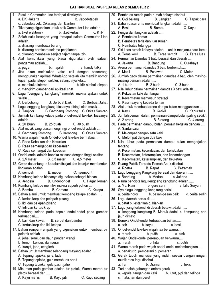 Contoh soal pas plbj kelas 4 semester 1 kurikulum 2013