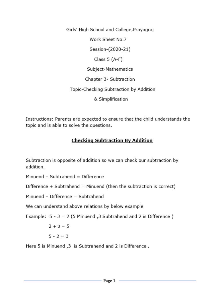 Class 5 Subtraction Worksheet | PDF | Subtraction | Mathematics