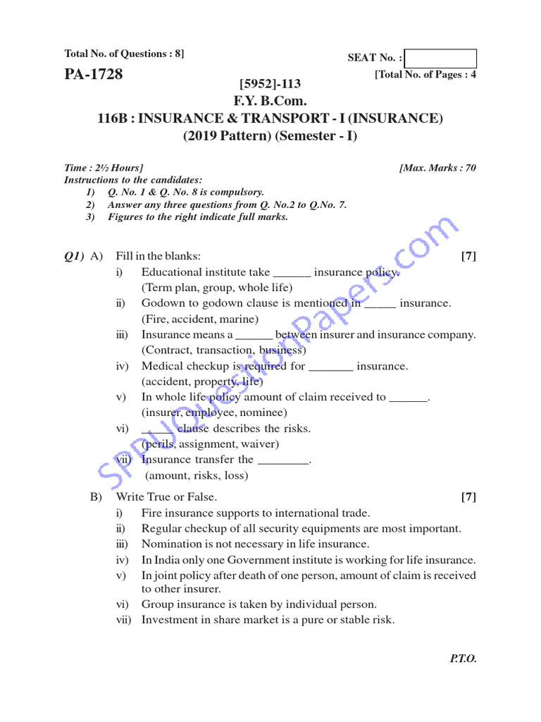 Commerce bcom semester 1 2022 november insurance and transport 2019