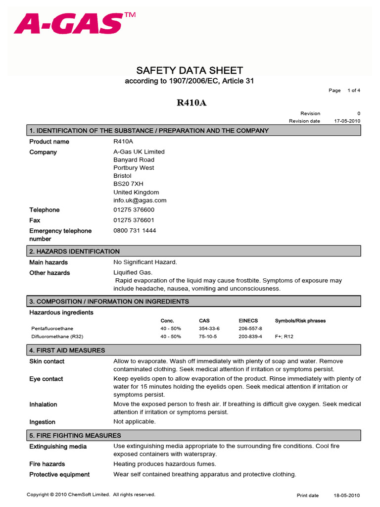 MSDS R410a.UN. 1078 PDF Materials Chemistry